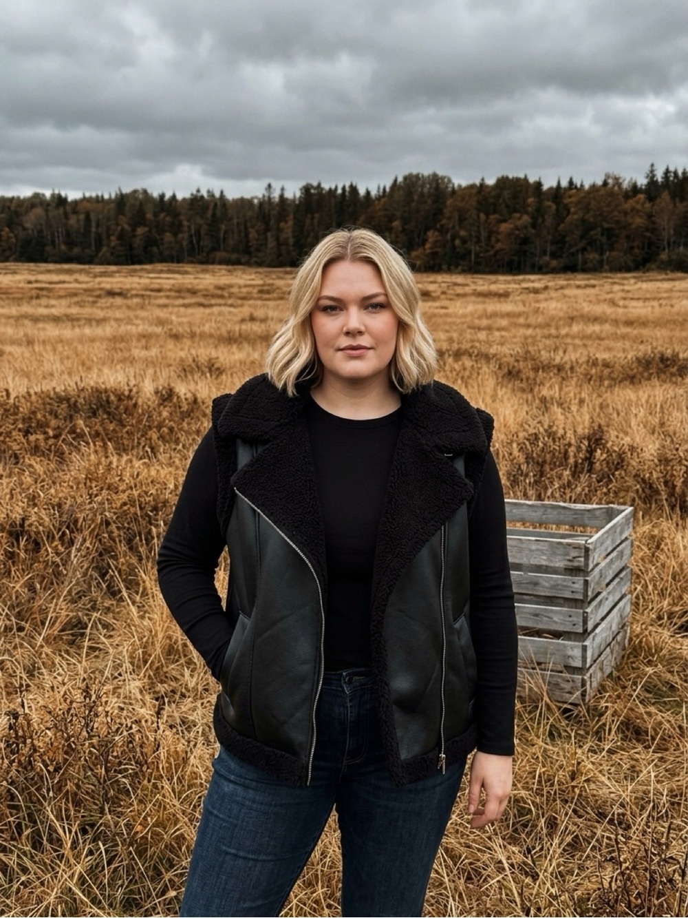Plus-Size Black Faux Leather Sherpa Moto Vest